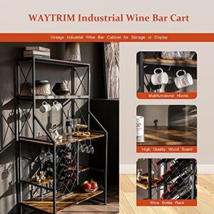 WAYTRIM Freestanding 5-Tier Wine Bakers Rack, Vintage Wine Shelf, Wine Storage Organizer Display Stand with Stemware Holder, Glass Holder & Storage Hooks - Vintage Brown