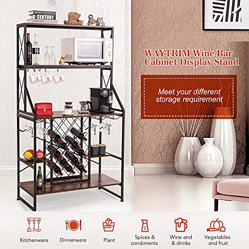 WAYTRIM Freestanding 5-Tier Wine Bakers Rack, Vintage Wine Shelf, Wine Storage Organizer Display Stand with Stemware Holder, Glass Holder & Storage Hooks - Vintage Brown