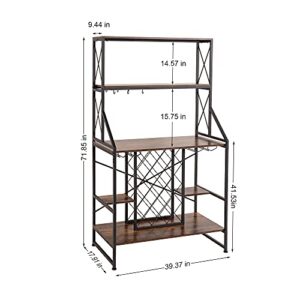 WAYTRIM Freestanding 5-Tier Wine Bakers Rack, Vintage Wine Shelf, Wine Storage Organizer Display Stand with Stemware Holder, Glass Holder & Storage Hooks - Vintage Brown