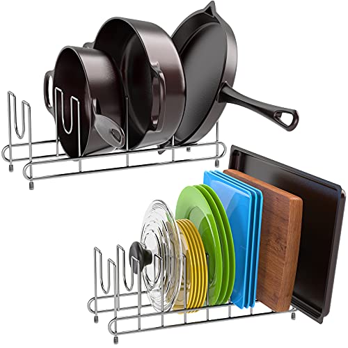 2 Pack Pot Lid Holder, Kitchen Pot Lid Rack Holder Organizer, Pan and Pot Lid Organizer Rack for Pots & Pans, Lids, Plates, Cutting Boards, Bakeware, Cooling Rack, Serving Trays, Silver