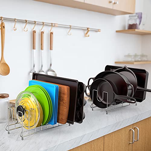 2 Pack Pot Lid Holder, Kitchen Pot Lid Rack Holder Organizer, Pan and Pot Lid Organizer Rack for Pots & Pans, Lids, Plates, Cutting Boards, Bakeware, Cooling Rack, Serving Trays, Silver