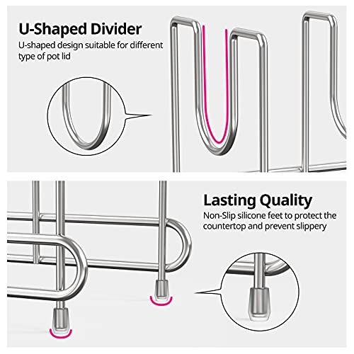 2 Pack Pot Lid Holder, Kitchen Pot Lid Rack Holder Organizer, Pan and Pot Lid Organizer Rack for Pots & Pans, Lids, Plates, Cutting Boards, Bakeware, Cooling Rack, Serving Trays, Silver