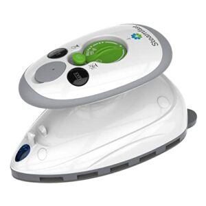 steamfast sf-717 mini steam iron with dual voltage, travel bag, non-stick soleplate, anti-slip handle, rapid heating, 420w power, white