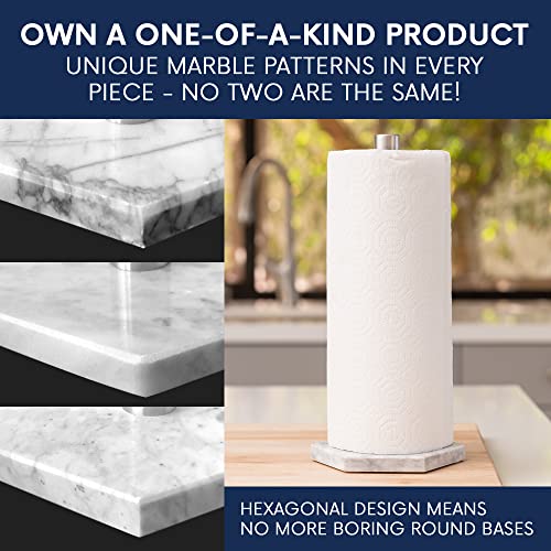 Marble Paper Towel Holder Stand - Modern Paper Towel Holder Dispenser with Hexagonal Heavy Marble Base, Easy Assembly- Paper Towel Holder Marble with Anti-Slip Pads - Standing Paper Towel Roll Holder