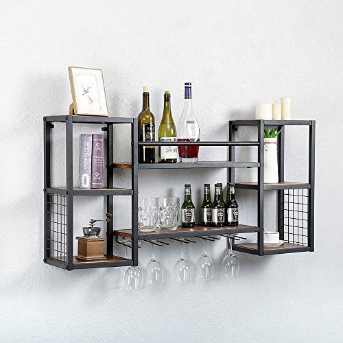 Industrial Hanging Wine Rack Wall Mounted with 5 Stem Glass Holder,47.2in Rustic Wine Glass Rack Wall Mount,Wine Glass Shelf Metal Floating Bar Shelves,Wine Bottle Holder Wall Shelf Wood Shelves