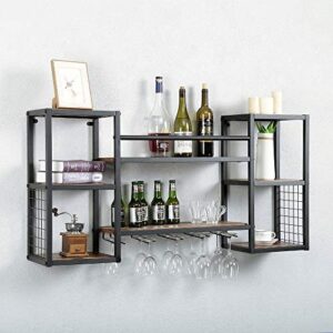 Industrial Hanging Wine Rack Wall Mounted with 5 Stem Glass Holder,47.2in Rustic Wine Glass Rack Wall Mount,Wine Glass Shelf Metal Floating Bar Shelves,Wine Bottle Holder Wall Shelf Wood Shelves