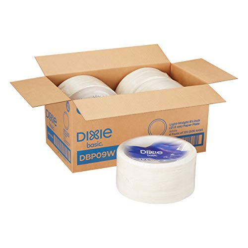 Dixie Basic 8.5” Light-Weight Paper Plates by GP PRO (Georgia-Pacific), White, DBP09W, 500 Count (125 Plates Per Pack, 4 Packs Per Case)