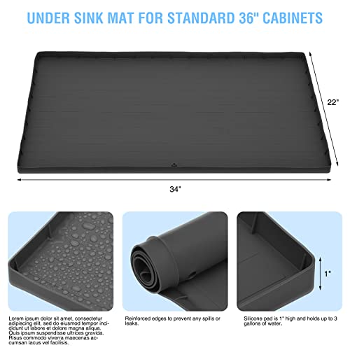 Under Sink Mat for Kitchen Waterproof,34" x 22" Large Silicone Waterproof Mat under sink organizers Kitchen Bathroom Cabinet Mat and Protector for Drips Leaks Spills Tray (34"x 22"Black)