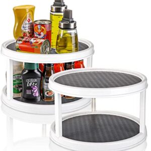 Yesland 2 Pcs 2-Tier Lazy Susan Turntable, 12 Inches Non-Skid Tiered Rotating Kitchen Spice Organizer for Cabinets Pantry Bathroom Countertop Refrigerator(Gray and White)