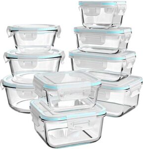 ailtec glass food storage containers with lids, [18 piece] glass meal prep containers, glass containers for food storage with lids, bpa free & leak proof (9 lids & 9 containers)