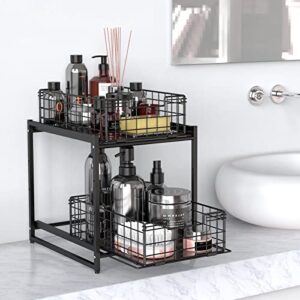 Deertaip Under Kitchen Sink Organizer and Storage with Sliding Drawer Stackable Pull Out Organizer for Cabinet, Bathroom, Countertop, Office, Black