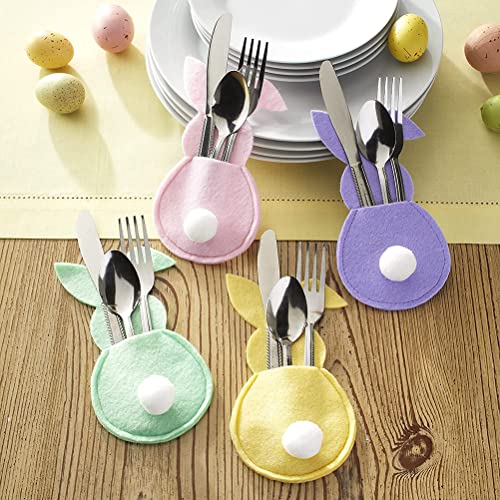 Zhongdawei Easter Cutlery Holder, 16Pcs Easter Bunny Cutlery Bags Rabbit Flatware Holder Tableware Utensil Storage Bags for Home Party Tabletop Wedding Festival