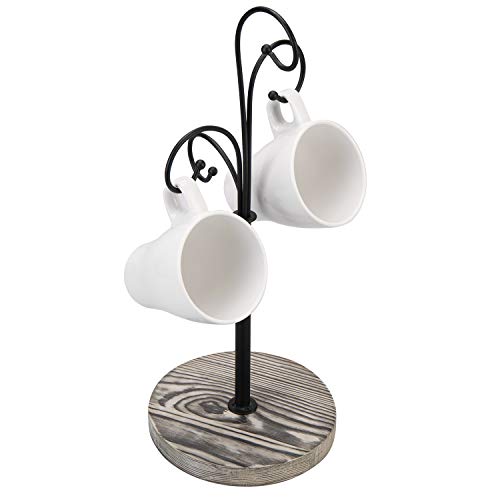 MyGift Black Metal Coffee Mug Tree Rack with 4 Curved Hooks and Grey Wood Base