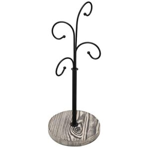 MyGift Black Metal Coffee Mug Tree Rack with 4 Curved Hooks and Grey Wood Base