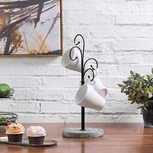 MyGift Black Metal Coffee Mug Tree Rack with 4 Curved Hooks and Grey Wood Base