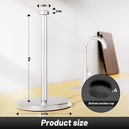 VEHHE Paper Towel Holder Countertop, Standing Paper Towel Roll Holder for Kitchen Bathroom, with Weighted Base Suction Cups for One-Handed Operation (Silver)