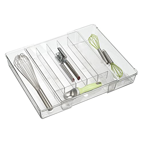 mDesign Dual Expandable Plastic In-Drawer Utensil Organizer Tray Deep 6 Divided Sections for Kitchen Organization; Holds Cutlery, Flatware, Silverware, Cooking Utensils, Ligne Collection - Clear