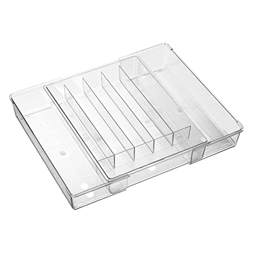 mDesign Dual Expandable Plastic In-Drawer Utensil Organizer Tray Deep 6 Divided Sections for Kitchen Organization; Holds Cutlery, Flatware, Silverware, Cooking Utensils, Ligne Collection - Clear