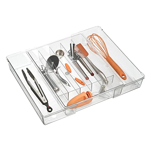 mDesign Dual Expandable Plastic In-Drawer Utensil Organizer Tray Deep 6 Divided Sections for Kitchen Organization; Holds Cutlery, Flatware, Silverware, Cooking Utensils, Ligne Collection - Clear