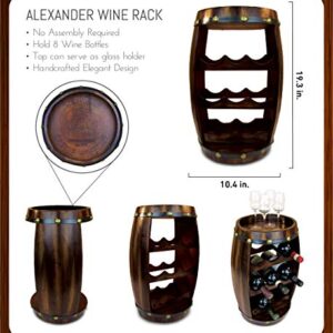 Puzzled Alexander Wine Rack 8 Bottle Free Standing Wine Holder Bottle Rack Floor Stand Or Countertop Wine Wooden Barrel Decor Storage Organizer Liquor Display to Decorate Home Kitchen Bar Accessory