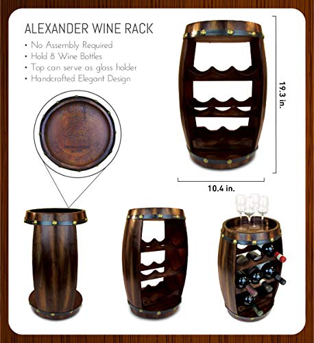 Puzzled Alexander Wine Rack 8 Bottle Free Standing Wine Holder Bottle Rack Floor Stand Or Countertop Wine Wooden Barrel Decor Storage Organizer Liquor Display to Decorate Home Kitchen Bar Accessory