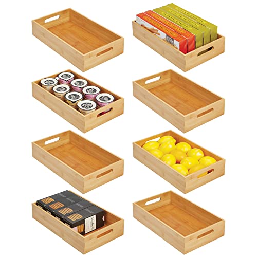 mDesign Wide Bamboo Kitchen Cabinet & Fridge Drawer Organizer Tray - Storage Bin with Handles for Cutlery, Serving Spoons, Cooking Utensils, Appliances - Echo Collection, 8 Pack, Natural Wood