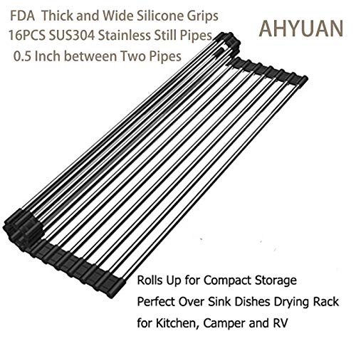 Ahyuan Roll up Dish Drying Rack Over The Sink Kitchen Roll up Sink Drying Rack Portable Dish Rack Dish Drainer Foldable SUS304 Stainless Steel Dish Drying Rack (17.7''x11.2'')