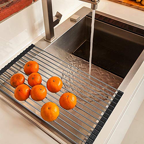 Ahyuan Roll up Dish Drying Rack Over The Sink Kitchen Roll up Sink Drying Rack Portable Dish Rack Dish Drainer Foldable SUS304 Stainless Steel Dish Drying Rack (17.7''x11.2'')