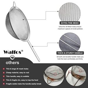 Walfos Fine Mesh Strainers Set, Premium Stainless Steel Colanders and Sifters, with Reinforced Frame and Sturdy Handle, Perfect for Sift, Strain, Drain and Rinse Vegetables, Pastas and Tea - 3 Sizes
