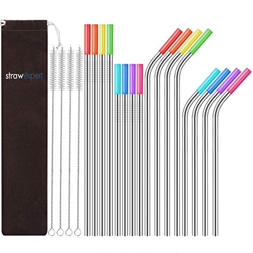 StrawExpert Set of 16 Reusable Stainless Steel Straws with Travel Case Cleaning Brush Silicone Tips Eco Friendly Extra Long Metal Straws Drinking for 20 24 30 oz Tumbler