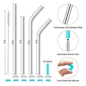 StrawExpert Set of 16 Reusable Stainless Steel Straws with Travel Case Cleaning Brush Silicone Tips Eco Friendly Extra Long Metal Straws Drinking for 20 24 30 oz Tumbler