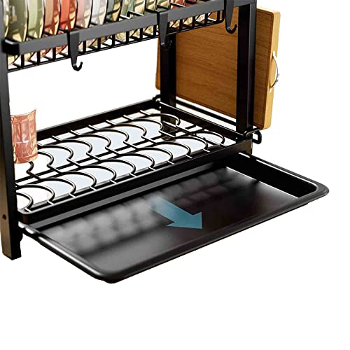 Kitchen Counter Dish Drainer Rack, with Utensil & Cutting Board Holder & Drip Tray, Multi-Function Large Capacity Dish Drain Rack,Black,2 Tier