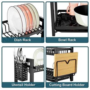 Kitchen Counter Dish Drainer Rack, with Utensil & Cutting Board Holder & Drip Tray, Multi-Function Large Capacity Dish Drain Rack,Black,2 Tier