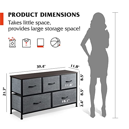 WLIVE Dresser for Bedroom with 5 Drawers, Wide Chest of Drawers, Fabric Dresser, Storage Organizer Unit with Fabric Bins for Closet, Living Room, Hallway, Nursery, Dark Grey