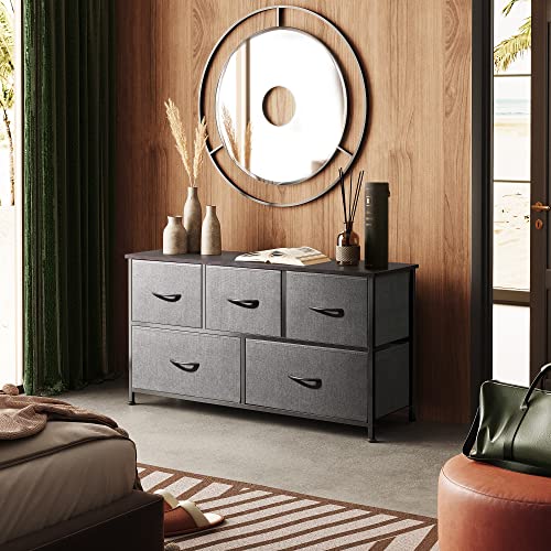 WLIVE Dresser for Bedroom with 5 Drawers, Wide Chest of Drawers, Fabric Dresser, Storage Organizer Unit with Fabric Bins for Closet, Living Room, Hallway, Nursery, Dark Grey