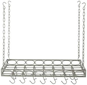 old dutch rectangular hanging pot rack with 16 hooks, antique pewter, 36 x 18 x 4 inches