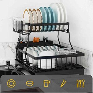 2 Tier Dish Drain Rack, with Retractable Drain Hose, Home Countertop Large Capacity Utensil Drying Rack, for Cup Dish Chopsticks Storage