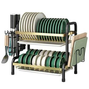 kitchen dish drainer rack, large capacity carbon steel countertop dish storage rack, with utensil & cutting board holder & drip tray,2 tier,large