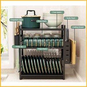Kitchen Dish Drainer Rack, Large Capacity Carbon Steel Countertop Dish Storage Rack, with Utensil & Cutting Board Holder & Drip Tray,2 Tier,Large