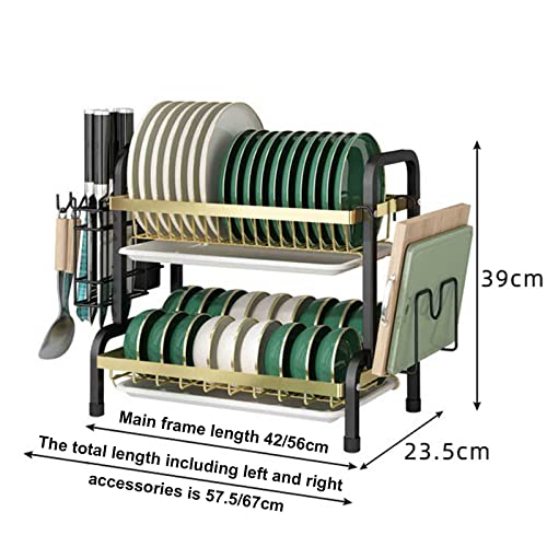 Kitchen Dish Drainer Rack, Large Capacity Carbon Steel Countertop Dish Storage Rack, with Utensil & Cutting Board Holder & Drip Tray,2 Tier,Large