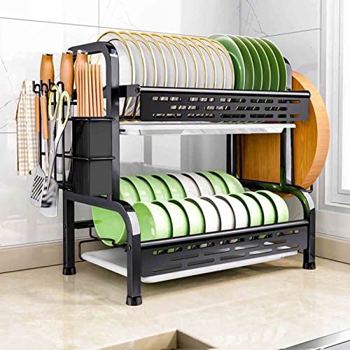 2 Tier Kitchen Dish Drain Rack, Anti Rust Carbon Steel Countertop Organizer, with Utensil & Board Holder & Chopstick Holder