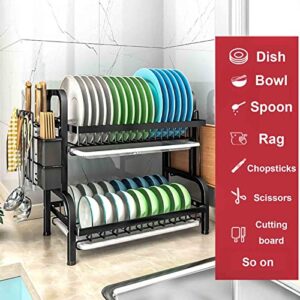 2 Tier Kitchen Dish Drain Rack, Anti Rust Carbon Steel Countertop Organizer, with Utensil & Board Holder & Chopstick Holder