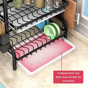 2 Tier Kitchen Dish Drain Rack, Anti Rust Carbon Steel Countertop Organizer, with Utensil & Board Holder & Chopstick Holder