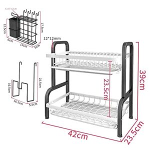 2 Tier Kitchen Dish Drain Rack, Anti Rust Carbon Steel Countertop Organizer, with Utensil & Board Holder & Chopstick Holder