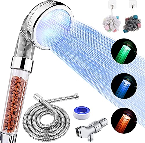 FASTRAS LED Shower Head with Handheld, Shower Head High Pressure Shower Head with Hose, Holder & PTFE Tape etc, 3 Water Temperature-Controlled Water Saving Filtered Shower Head for Dry Skin& Hair…