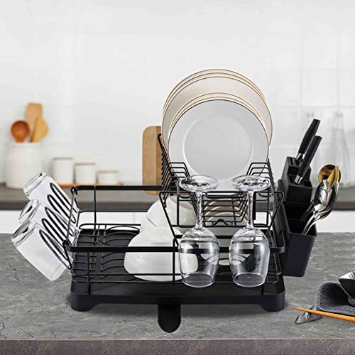 2 Tier Dish Drying Rack, Home Multi-Function Stainless Steel Large Capacity Counter Sink Drain Holds, with Swivel Drainer Spout,Black