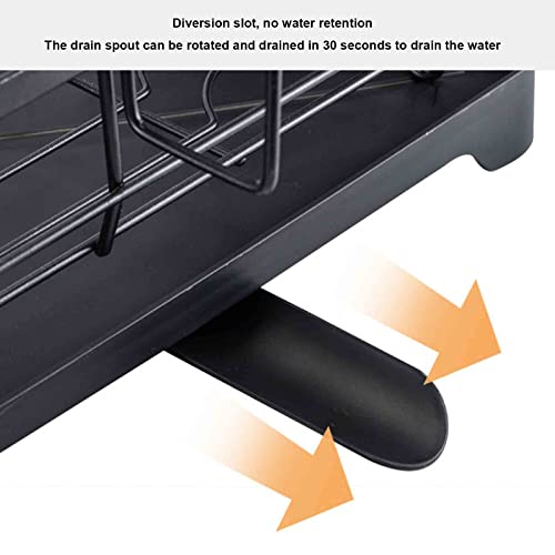 2 Tier Dish Drying Rack, Home Multi-Function Stainless Steel Large Capacity Counter Sink Drain Holds, with Swivel Drainer Spout,Black