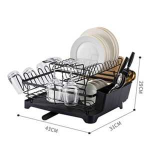 2 Tier Dish Drying Rack, Home Multi-Function Stainless Steel Large Capacity Counter Sink Drain Holds, with Swivel Drainer Spout,Black