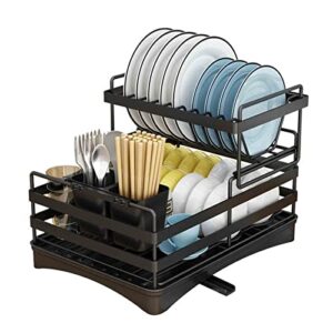 2 tier dish drainer rack, large capacity kitchen countertop organizer, with 360° rotation guide sink tray & chopstick holder, for above the sink