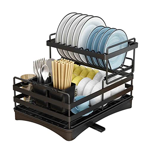 2 Tier Dish Drainer Rack, Large Capacity Kitchen Countertop Organizer, with 360° Rotation Guide Sink Tray & Chopstick Holder, for Above The Sink